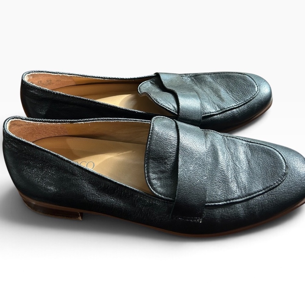 Franco Sarto Black Leather Penny Loafers Almond Toe Slip On Flats Womens 7.5 M